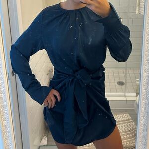 Long Sleeve Jewl-Toned Satin Wrap Dress